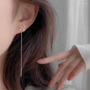 Dangle Earrings Real 925 Sterling Silver Long Bow Zircon Snake Bone Chain Drop For Fashion Women Fine Jewelry Minimalist Accessories