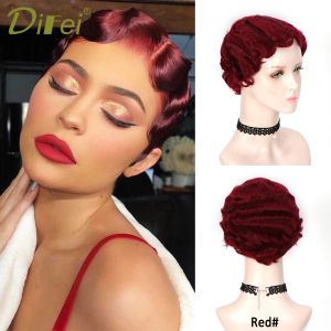 Wigs DIFEI 6 Inch Short Curly Wig Finger Wave Hair Synthetic Cosplay Heat Resistant Hair Vintage Wigs For Women Black Purple Red 613