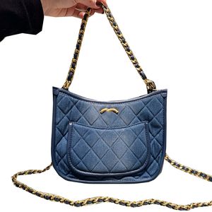 Luxury Designer Washed Blue Denim Hobo Shoulder Bags Gold Metal Hardware Matelasse Chain Crossbody Handbags Thick Chain Hand Underarm Vanity Pouch 22x16CM