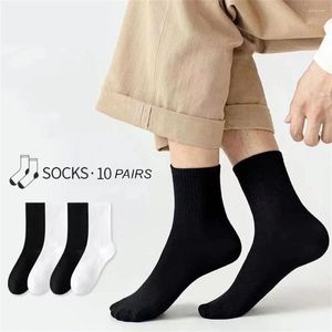 Meias masculinas 10 pares preto branco cor homens algodão conjunto de alta qualidade quatro estações sólido tubo médio casual/esportes