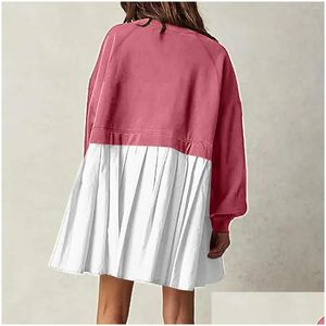 Basic Casual Kleider Plissee Kleid Rock Herbst Mode Frauen Mini Sweatshirt Langarm Rundhalsausschnitt Patchwork Farbe Übergroße Plover Ro Dhvfj