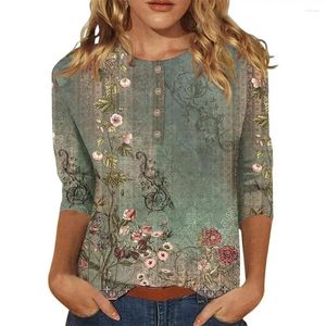 Blusas femininas outono top flor impressão vintage três quartos manga botões decoração colorfast macio respirável senhora camisas