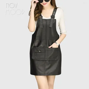 Casual Dresses Korean Style Cause Genuine Leather Real Lambskin Strap Spring Autumn Women Black Mini A-Line Jurken LT2304