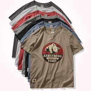 夏アメリカンレトロショートスリーブのオネックRHINOプリントTシャツメンズファッション100コットンウォッシュオールドルーズユースカジュアルトップ240327