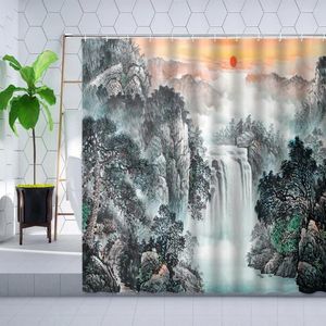 Shower Curtains Chinese Style Ink Landscape Curtain Waterfall Pine Tree Sun Plant Scenery Bathroom Decoration Polyester Cloth Set