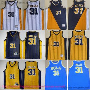 Classic Retro MitchellNess Basketball 31 ReggieMiller Jersey Classic Vintage Throwback Stitched Yellow Blue White Stripe Jerseys Breathable Sports Shirt