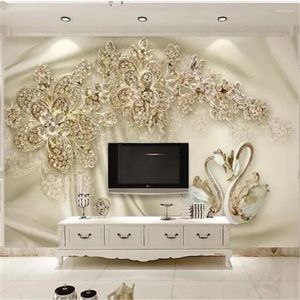 Tapeten Papel De Parede 3D Benutzerdefinierte Tapete Mode Gold Schmuck Blume Schwan Seide Luxus Wohnzimmer TV Hintergrund Wand Wohnkultur wandbild