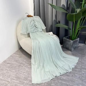 Party Dresses Ladies Mint Long Pleated Diamonds Ruched Upper Cloak Ruffle Sleeve Summer Top Qualtiy Elegant Woman Clothing 2024
