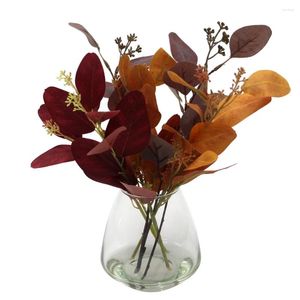 Decorative Flowers 12" Artificial Red And Orange Eucalyptus In Blown Glass Vase