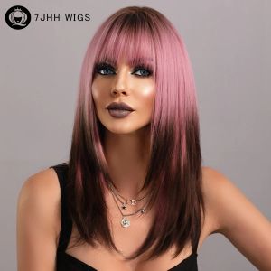 Wigs 7JHH Perücken lange gerade Perücke mit Pony Ombre Synthetic Perücken für Frauen natürliche Haare Wellenperiere Cosplay Party Hitzebeständiges Haar