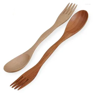 Forks Fashion Natural Wood Spoon Fork 2 In 1 Cooking Dining Utensil Chinese Long Handle Cutlery SN1407