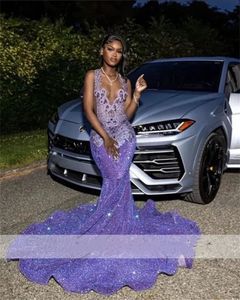 Sparkly Purple Rhinestones Mermaid Prom Dresses 2024 For Black Girls Diamonds Beads Crystals Sequins Glitter Birthday Party Gown