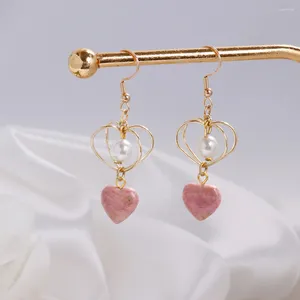 Dangle Earrings Heart 14K Gold Plated Drop Natural Rhodochrosite & Imitation Pearl Bohemian Jewelry For Women