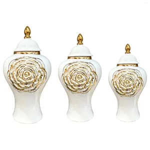 Vasos Frasco de armazenamento de vaso cerâmico com flor de cor dourada delicada europeia da tampa