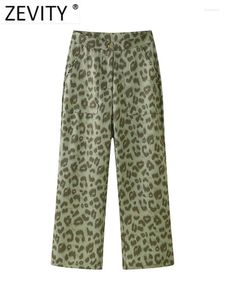 Damenhosen Zevity 2024 Frauen Vintage Leopardendruck Seitentasche Gerade Weibliche Chic Reißverschluss Lange Hosen Pantalones Mujer P301