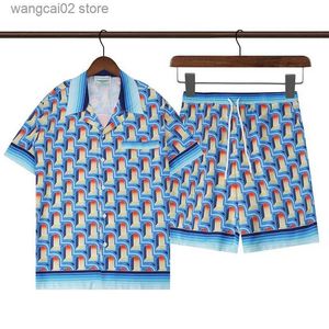 남성용 캐주얼 셔츠 여름 세트 고품질 카사 새로운 블루 프린트 짧은 슬브 남자 셔츠 하와이 셔츠 T240402