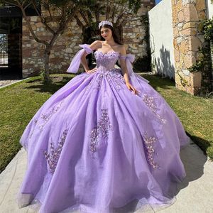 Лаванда блестящие vestidos de 15 anos Quinceanera платье 2024 Аппреды кружевные бусинки Tull Princess Ball Gowns Sweet 16 платьев