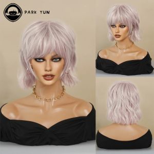 Wigs Pink Silver Short Wigs for Black Women Cut Layer Straight Hair Bob Wig with Bangs Synthetic Wigs Party Daily Use Heat Resistant