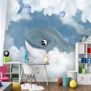 Sfondi Milofi Carta da parati personalizzata 3D Murales Semplice camera dei bambini dipinta a mano Balena Amore Mare Camera da letto Cartone animato decorativo