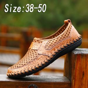 Sandalet Erkekler Mesh Sıradan Ayakkabı Deri Loafers Erkeklerin Açık Deri Ayakkabıları Nefes Alabilir El Yapımı Düz ​​Ayakkabılar Yaz Spor ayakkabıları boyutu 3850