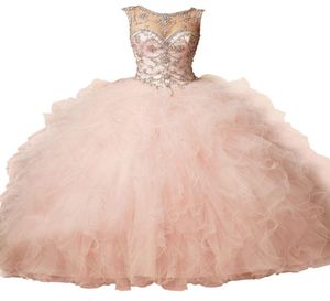 Coral Peach Sheer Crystal Beading Rhinestone Ruffled Tulle Ball Gown Sweet 16 Dresses Laceup Backless Ball Gown Quinceanera Dress1100953