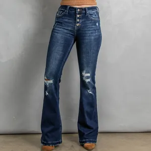 Jeans da donna oversize slim fit a vita alta con bottoni lavati e indossati pantaloni a gamba larga dritti 783659