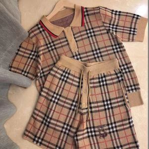 Two piece women's checkered turtleneck sweater short sleeved top summer women's fashion set temperament casual shorts set