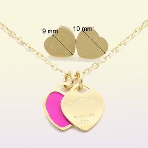 Newest Brands Double heart t enamel colors charms necklace earring set party jewelry stainless steel women luxury necklaces earrin8030422