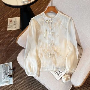 Nova luz chinesa estilo nacional camisa feminina 2024 primavera/verão elemento han pequena estatura borla melhorado zen casaco superior