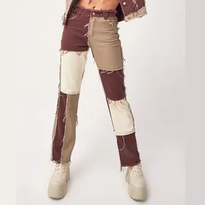 女子ジーンズ秋の茶色の女性カウボーイストライプパッチワークストリートカジュアルヒップホップハイウエストルーズストレートファッションパンツ
