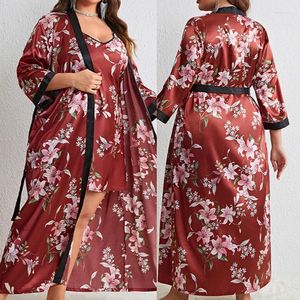 Hemkläder plus storlek Female Nightyrobe Set Print Flower Long Kimono Bathrobe GOWN NATTLOWN SPÅ SOMMER SATIN SOVELE LOOKEDLED