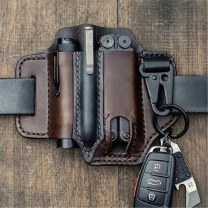 Verktyg läder mantel multitool mantel för bälte EDC Pocket Organizer med nyckelhållare ficklampa påse camping utomhusverktyg