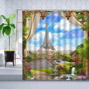 Shower Curtains 3D Arch European-Style Landscape Curtain Garden Flower Plant Iron Tower Natural Scenery Wall Decor Polyester Set