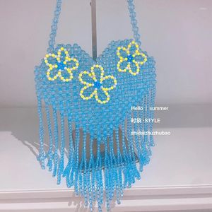 Shoulder Bags Acrylic Woven Beaded Bag Fashion Ins Lake Blue Heart Design Women's Summer Small Fresh Flower Ladies Handbag