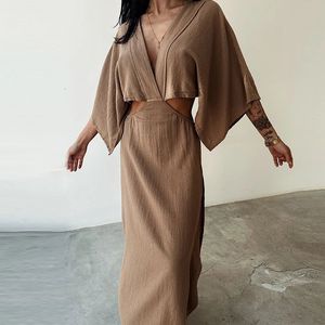 Spring Casual Solid Cotton Linen Dresses Women Sexy V Neck Hollow Out Long Dress Summer Backless Batwing Sleeve Slim Party 240401