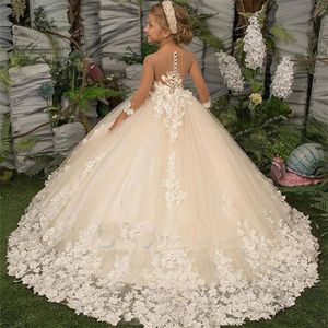Платье с цветочным узором для девочек, кружевные наклейки, детское свадебное платье, новая детская одежда, платье принцессы для первого общения, 240402