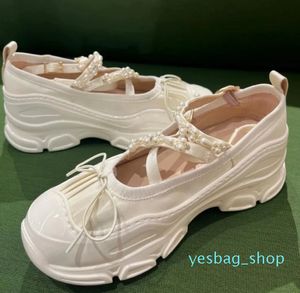 Sukienka buty z koralikami Pasek Bow Balerina Sandalias Mujer Mary Jane Buty Patchwork Pearl Women Buty grube szpilki Flats Sneakers