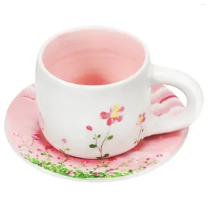 Kubki 1 Set Ceramic Mub i spodka do kawy Cappuccino Cup Wzór kwiatowy Porcelana z matą 11,2x7,7x6,4 cm