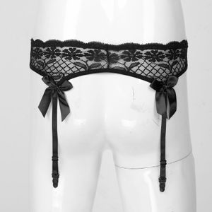 Masculino sexy lingerie pura de renda liga cinto marriz transparente roupas íntimas arco -bowknot elástico suspensórios para meias