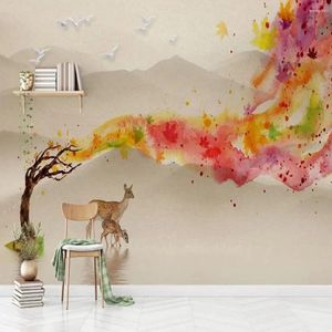 Wallpapers Benutzerdefinierte 3D-Aquarelllandschaft Baum Elch TV Sofa Schlafzimmer Hintergrund Tapetenwandbild