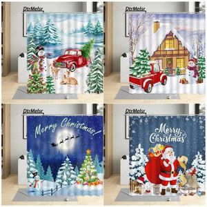 Cortinas de chuveiro Natal engraçado Papai Noel Clause Snowman Red Truck Natal Tree Cenário de inverno Ano de decoração de banheiro de tecido