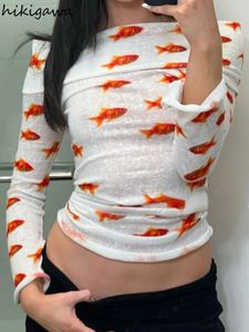 Mahsul üstleri yaz kadın tshirts slash boyun uzun kollu baskı tees sokak kıyafeti seksi tunik tişört Koreli gündelik moda y2k tişört 240318