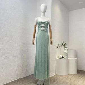 Casual Dresses 2024 Latest Collection Luxury Top Quality Green Diamonds Cut Out Folds Sleeveless Women Tube Maxi Dress For Party