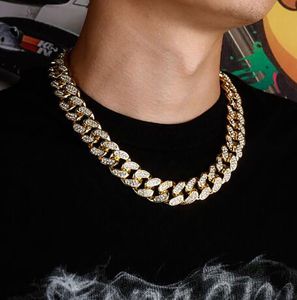 Real Diamond 12mm 20mm Miami Cuban Link Chain Men Women 18k Gold Plated Hip Hop Halsband legering Alloy Rhinestone Jewel Whosales