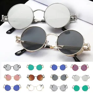 Óculos de sol foenixsong feminino redondo para homens mulheres gótico vapor punk preto vermelho cinza retro steampunk óculos de sol espelho eyewear