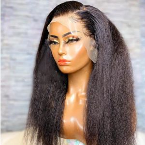 Perücken natürliche schwarze schwarze weiche 26 Zoll lang glühlos Yaki 200Density Kinky gerade tiefe Spitze Vorderperücke für Frauen Babyhair Täglich vorgelegt