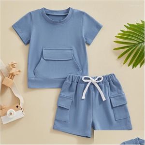 Conjuntos de roupas Criança Bebê Menino Roupas de Verão Roupas Sólidas Manga Curta Camiseta Top Cintura Elástica Shorts Cargo Conjunto com Bolsos Dr Oturf