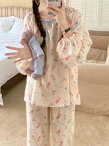 Casa roupas dos desenhos animados rendas impressão doce bonito primavera coreano manga longa conjunto de pijama feminino solto elegante pijamas laço confortável ins