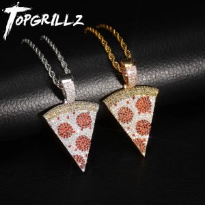 Necklaces TOPGRILLZ Iced Out Pizza Pendant Necklace Copper Gold Silver Color Micro Paved Cubic Zircon Hip Hop Jewelry Gift For Men