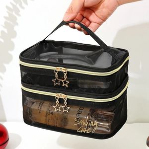 Large-Capacity Black Mesh Makeup Case Organizer Storage Pouch Casual Zipper Toiletry Wash Bags Make Up Women Travel Cosmetic Bag